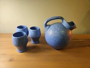 Vintage Red Wing Pottery Bright Blue Tilt Ball Pitcher Water Jug & Cups